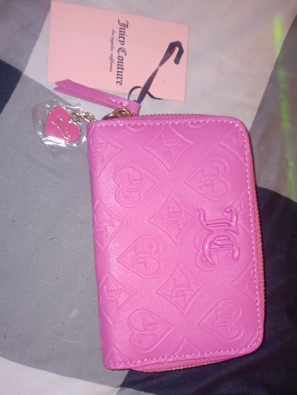 Juicy Couture Bubblegum Pink Embossed Zip Wallet with Heart Charm